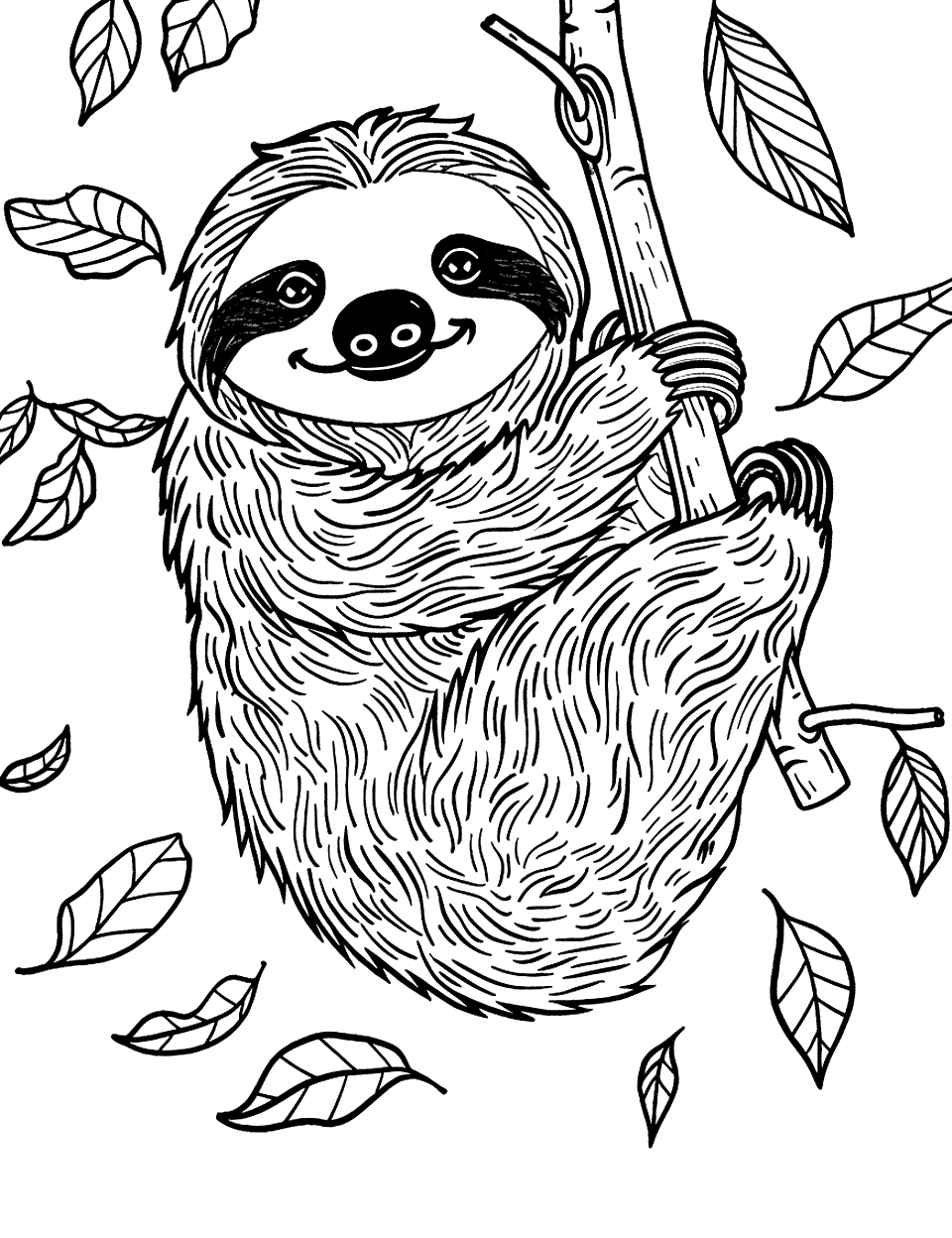 Sloth on a Windy Day Coloring Page - Leaves fluttering around as a sloth holds tightly to a swaying branch.