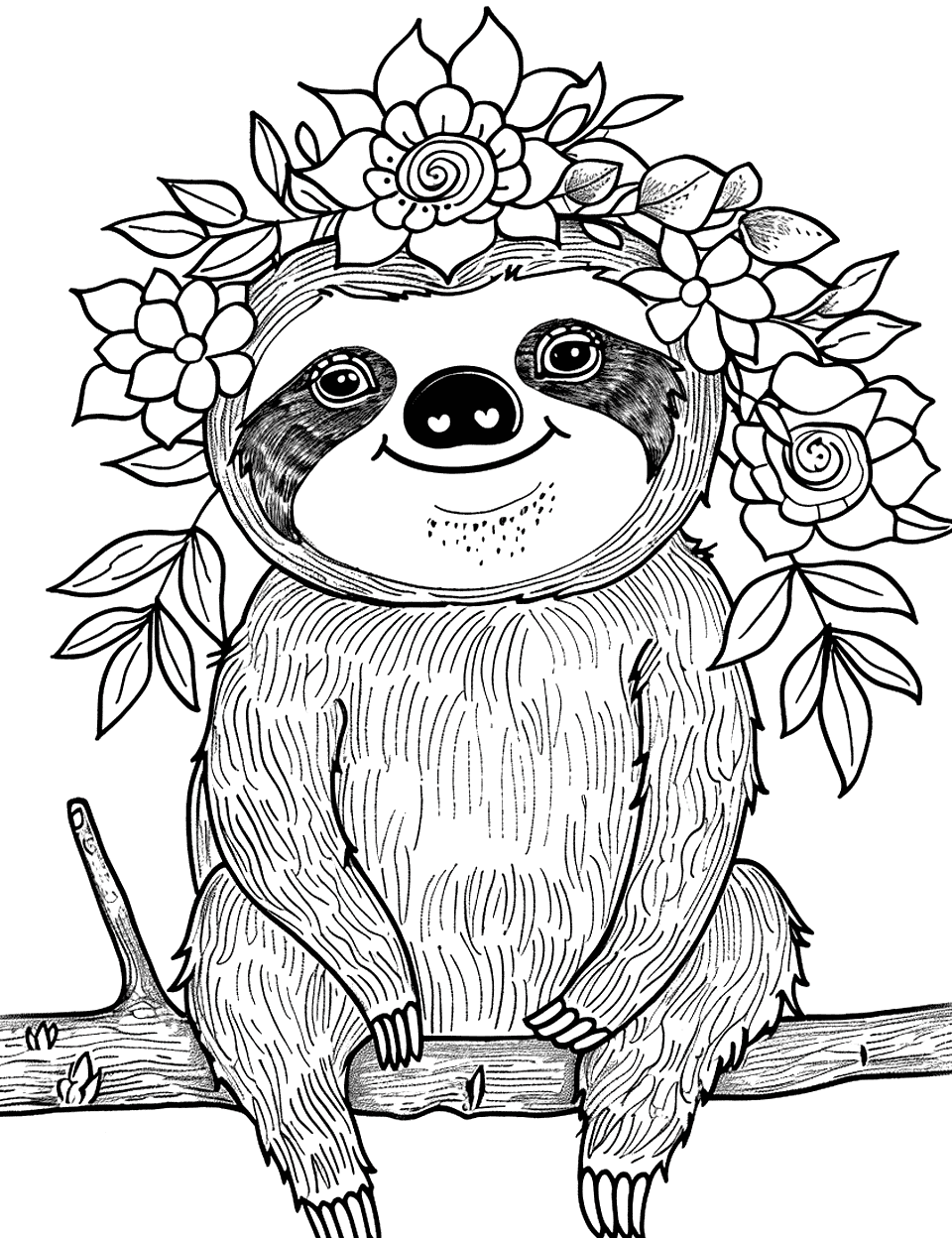 Sloth with a Floral Crown Coloring Page - A whimsical scene of a sloth wearing a crown made of flowers, sitting regally on a branch.