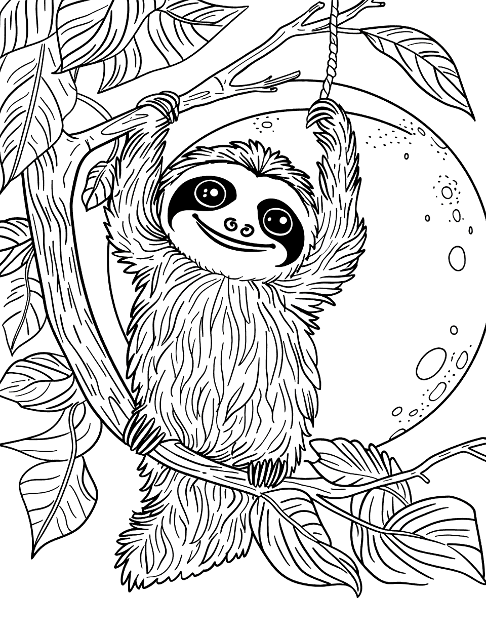Sloth and the Full Moon Coloring Page - A sloth hanging from a branch with the full moon large and prominent in the background.
