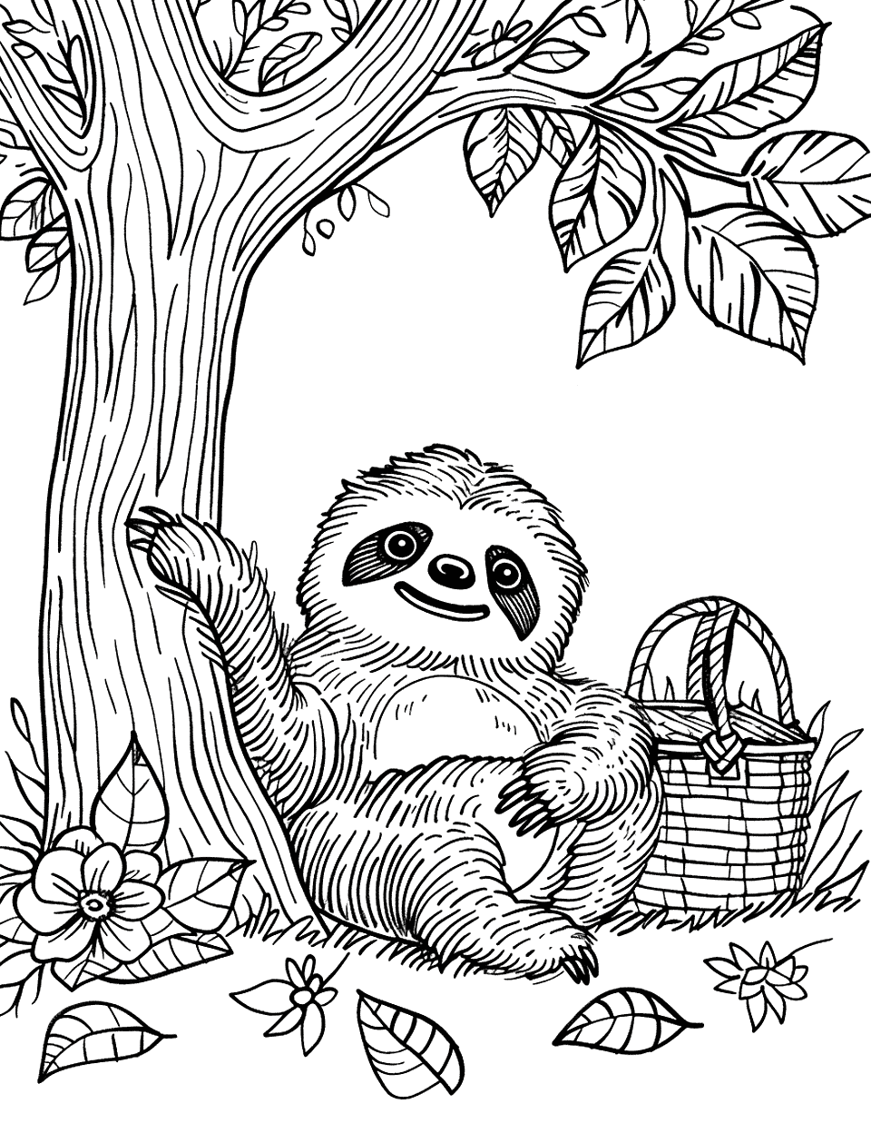 Sloth at a Picnic Coloring Page - A simple picnic scene with a sloth sitting next to a picnic basket under a tree.