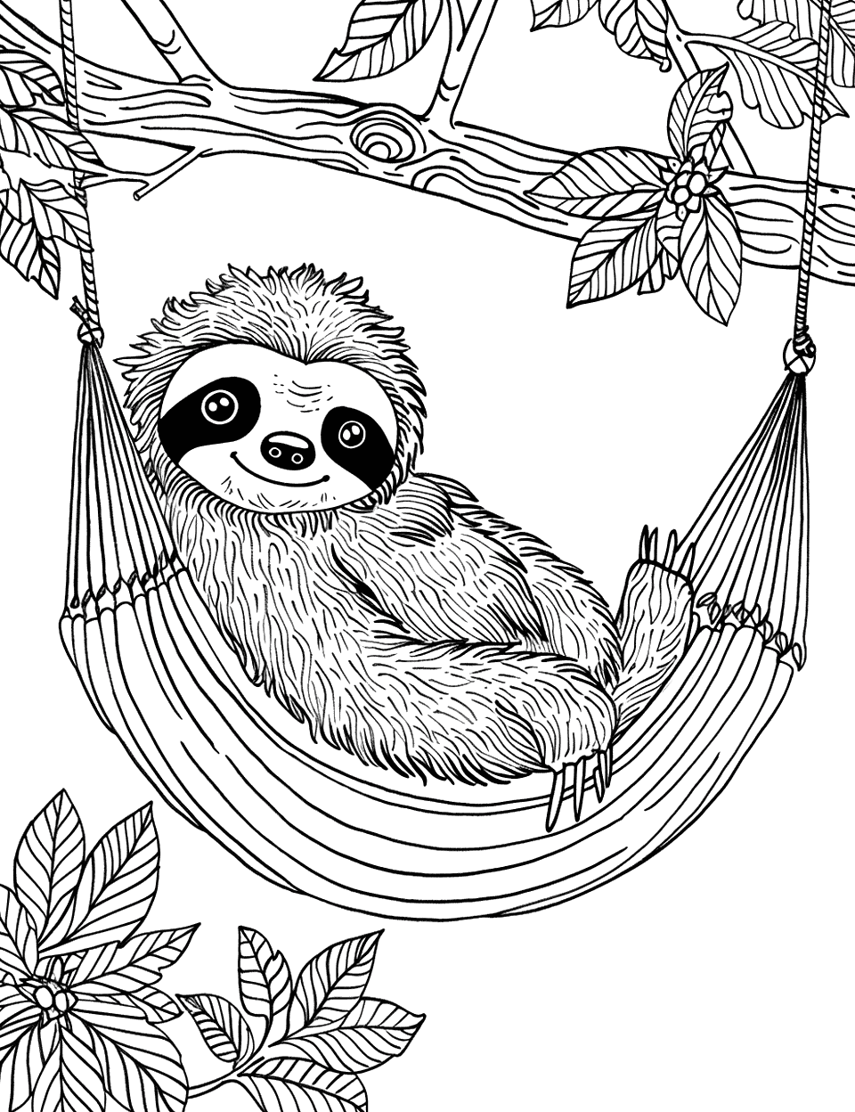 Sloth in a Hammock Coloring Page - A sloth relaxing in a hammock.