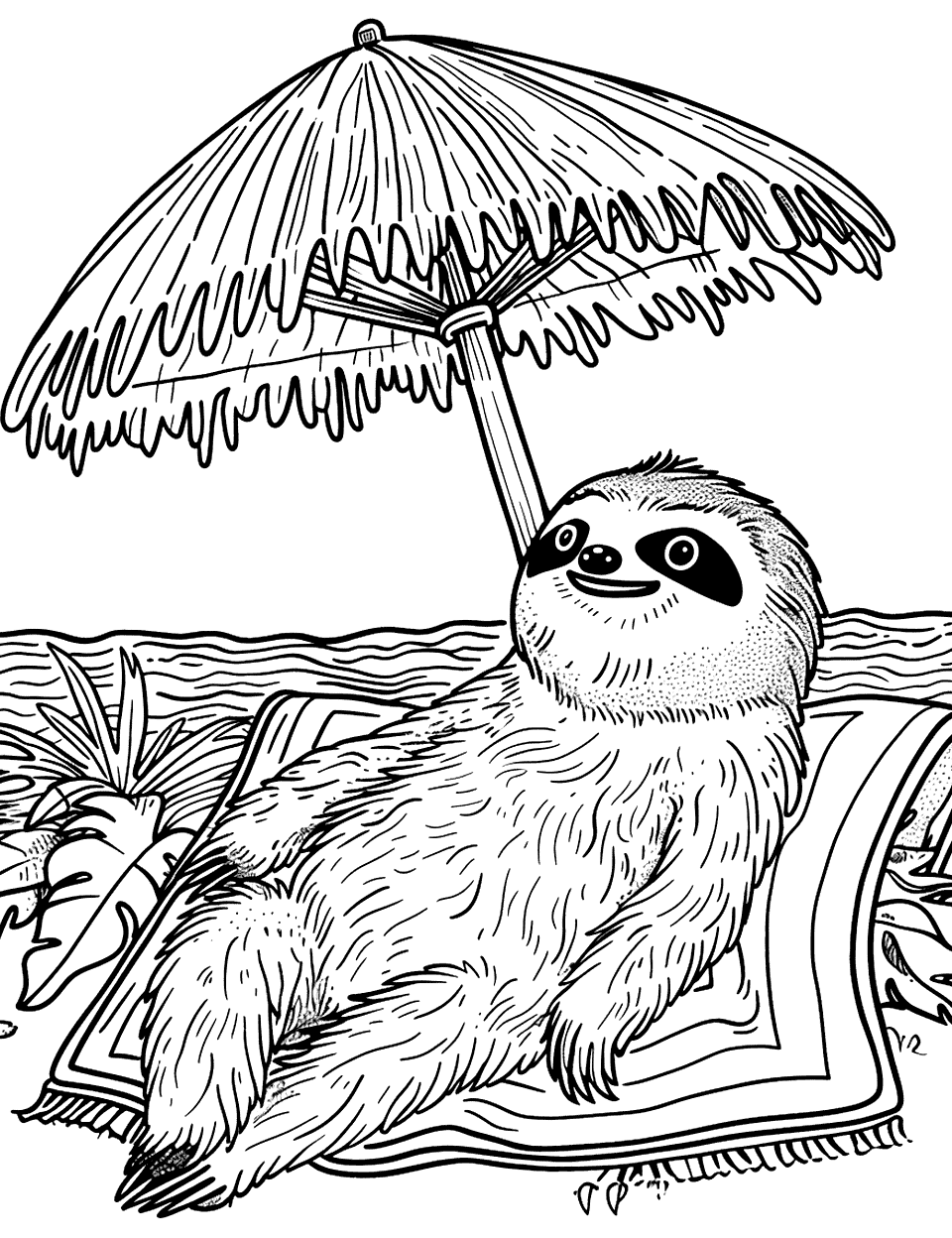 Sloth at the Beach Coloring Page - A sloth lying on a towel under a sun umbrella, with a basic sandy beach and ocean backdrop.