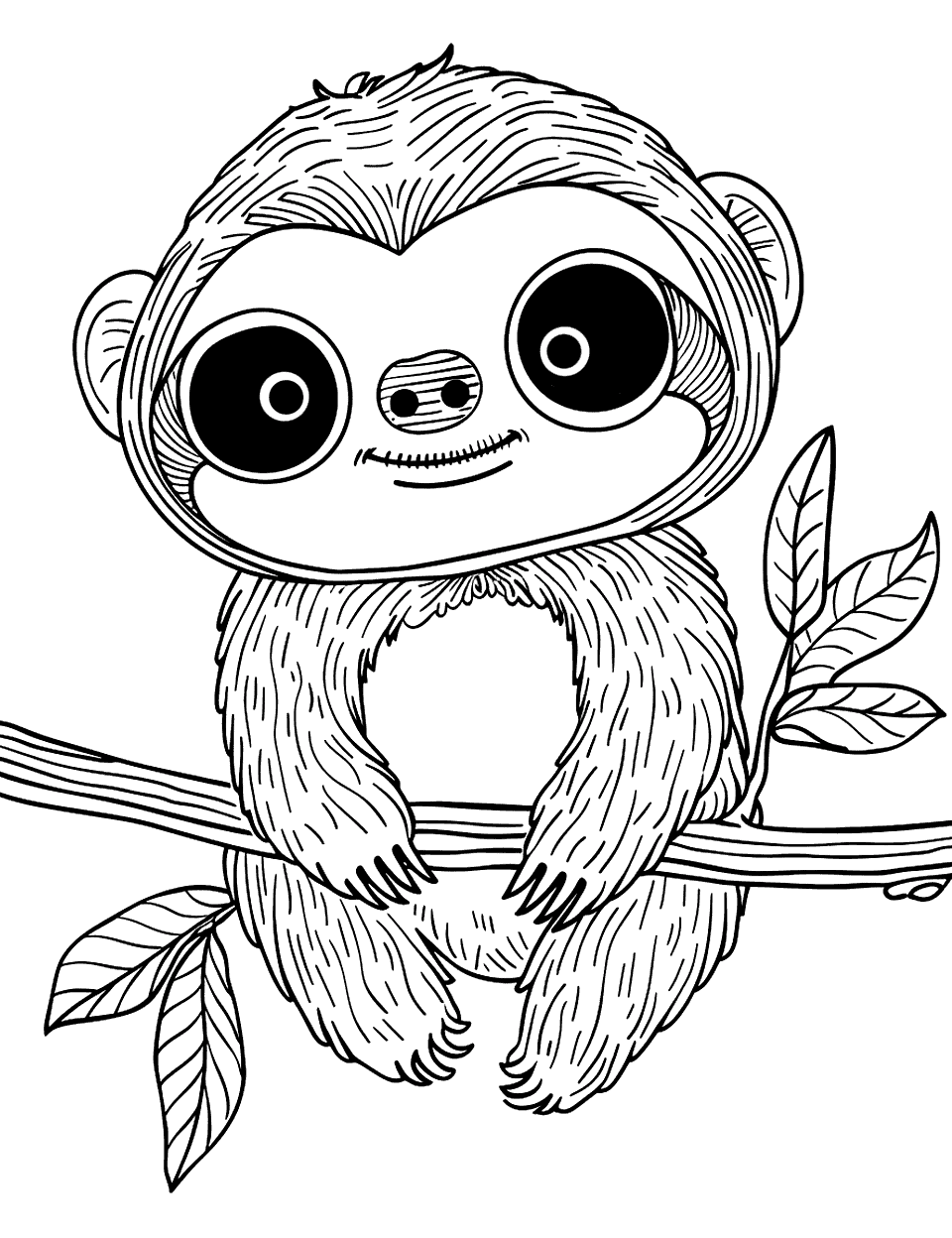 Kawaii Style Sloth with Big Eyes Coloring Page - A charmingly cute sloth with exaggerated big eyes and a small nose on a branch.