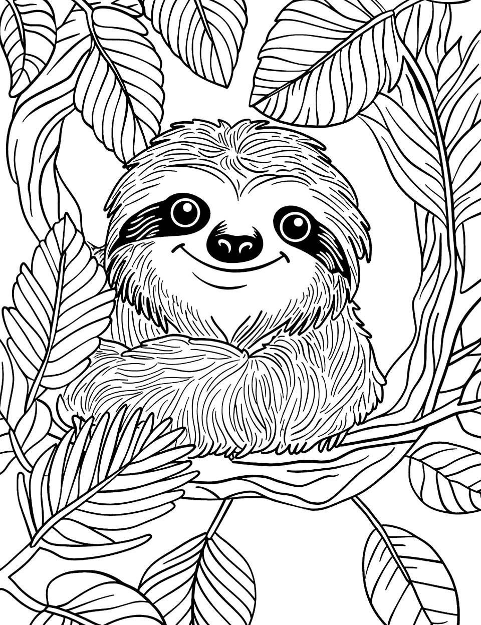 Sid the Sloth Look-Alike Coloring Page - A sloth with distinct facial expressions resembling Sid from popular animations, peeking out from behind some foliage.