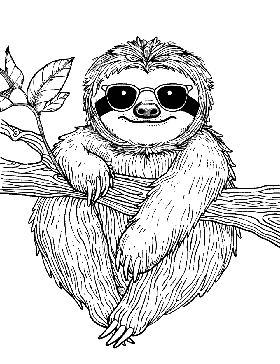 Cool Sloth Wearing Sunglasses Coloring Page - A sloth with a relaxed pose wearing sunglasses, lounging on a sturdy branch, epitomizing coolness.