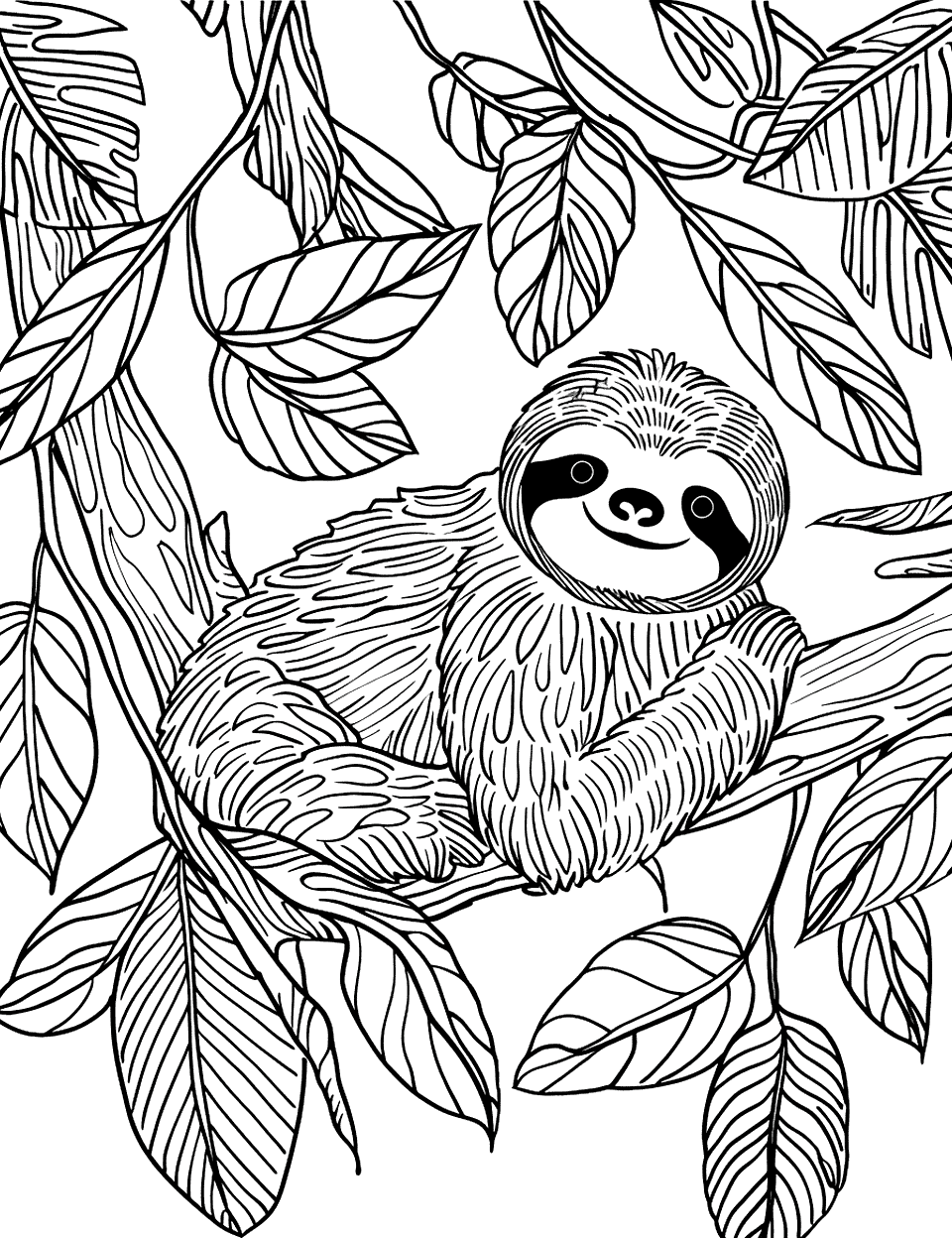 Rainforest Sloth in a Tree Coloring Page - A serene scene of a sloth nestled comfortably among lush rainforest trees.