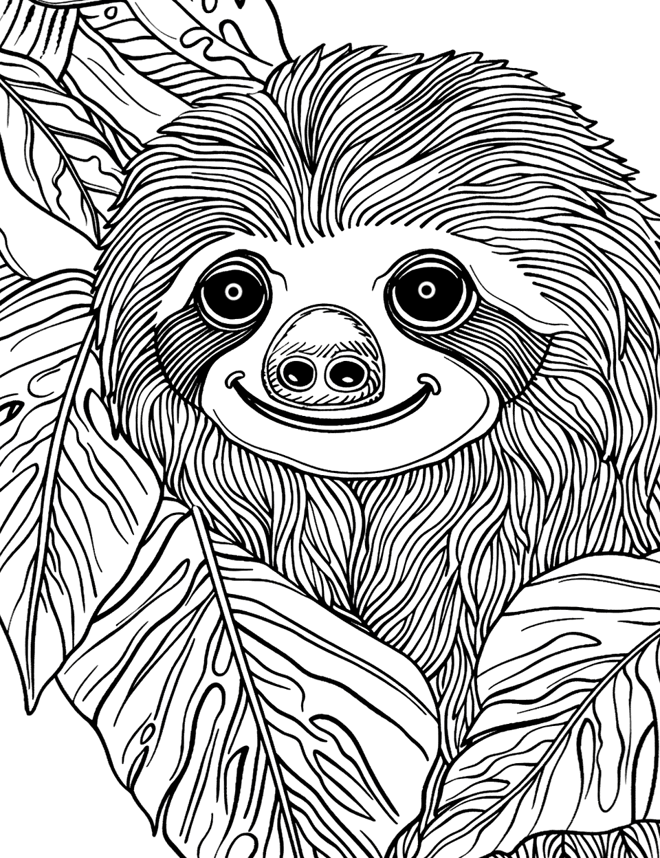 Detailed Sloth Face Close-Up Coloring Page - A close-up view of a sloth’s face, focusing on its detailed features like the eyes, nose, and fur texture.