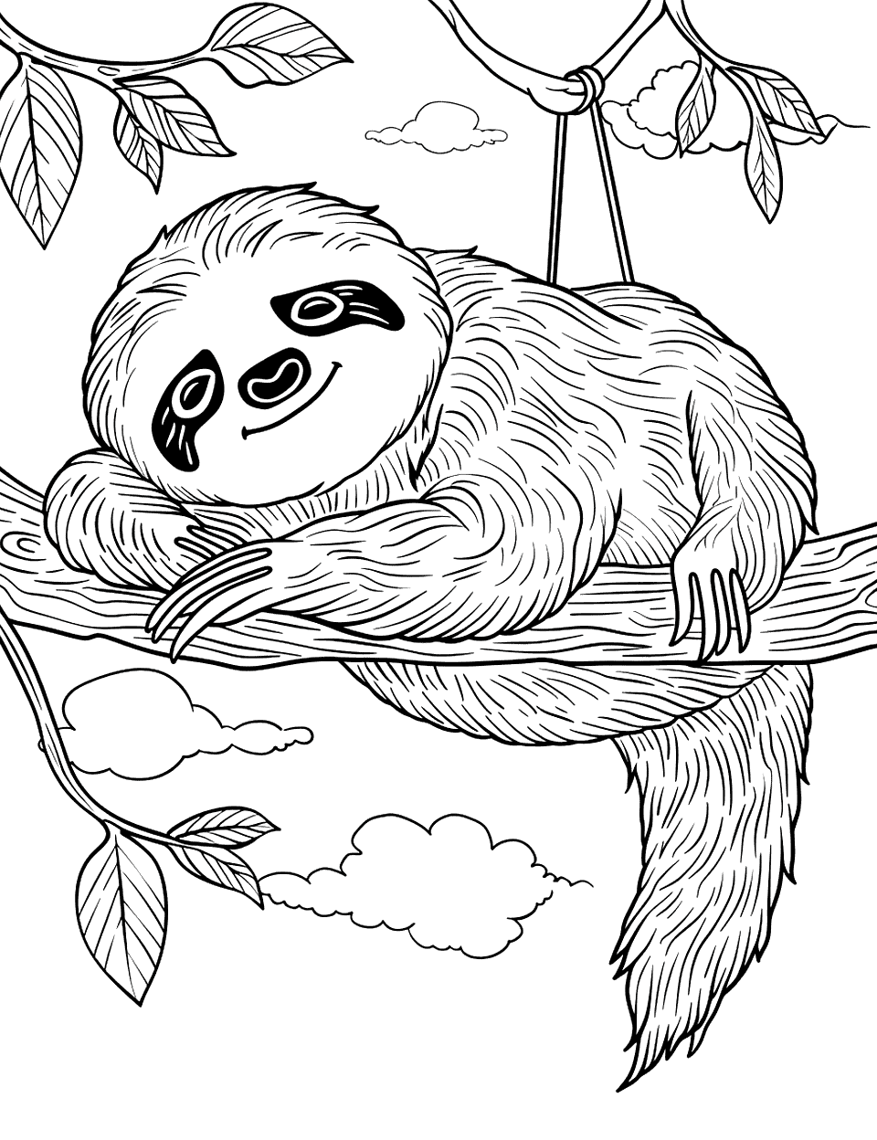 Sleepy Sloth on a Lazy Afternoon Coloring Page - A sloth sleeping peacefully on a branch, with a backdrop of soft clouds in the sky.
