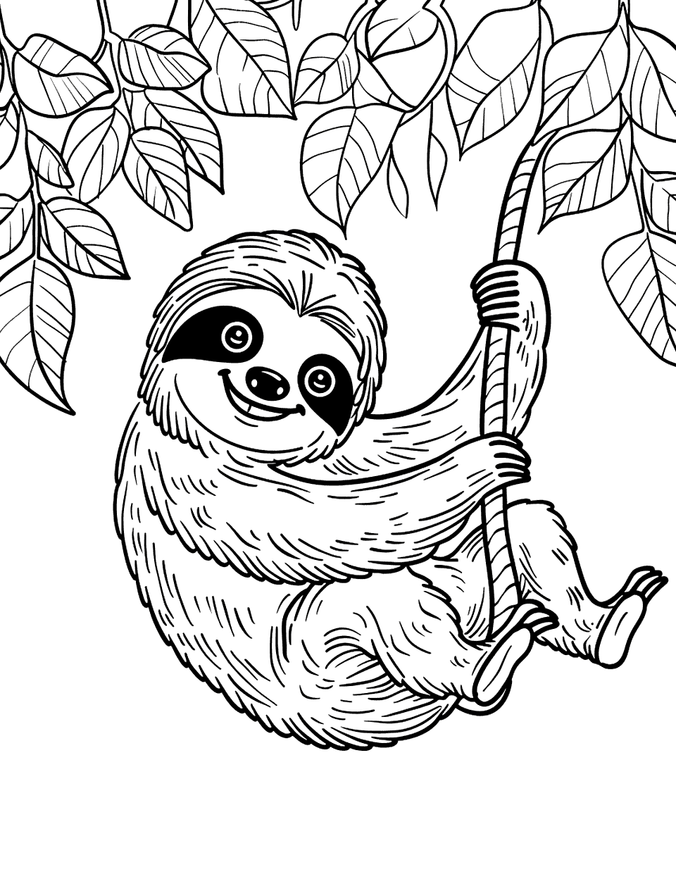 Playful Sloth Swinging on a Rope Coloring Page - A fun depiction of a sloth playfully swinging from a rope tied to a tree branch, with a clear sky background.