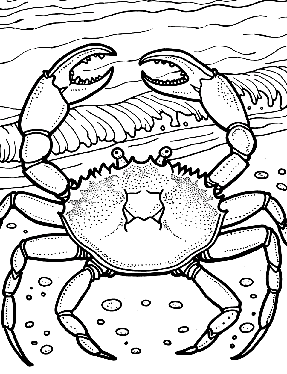 Crab Near Ocean Waves Coloring Page - A big, sturdy crab watching the ocean waves crash onto the sandy beach.
