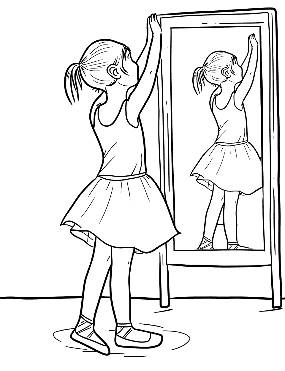 Ballet Practice Session Dance Coloring Page - A child ballet dancer practicing poses in a simple dance studio with a mirror.