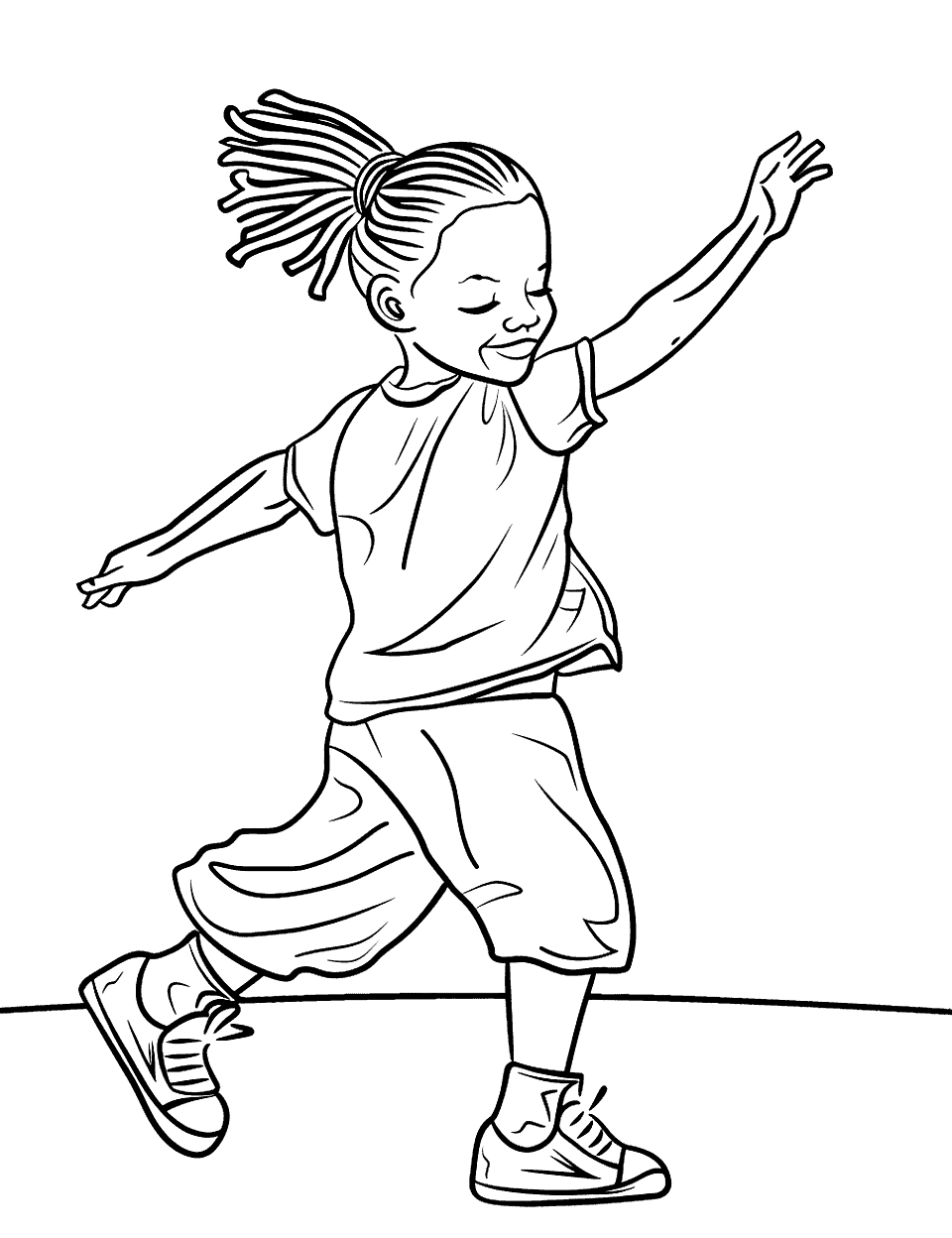 Jazz Dance Performance Coloring Page - A kid performing a jazz dance with energetic moves on a clean stage, wearing a jazz outfit.