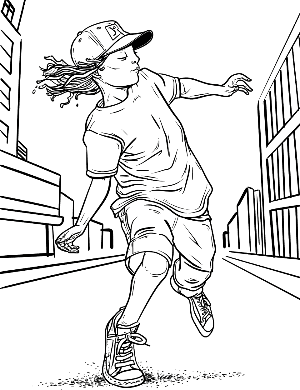 Breakdance Battle Dance Coloring Page - A kid doing a breakdance move on a city street.