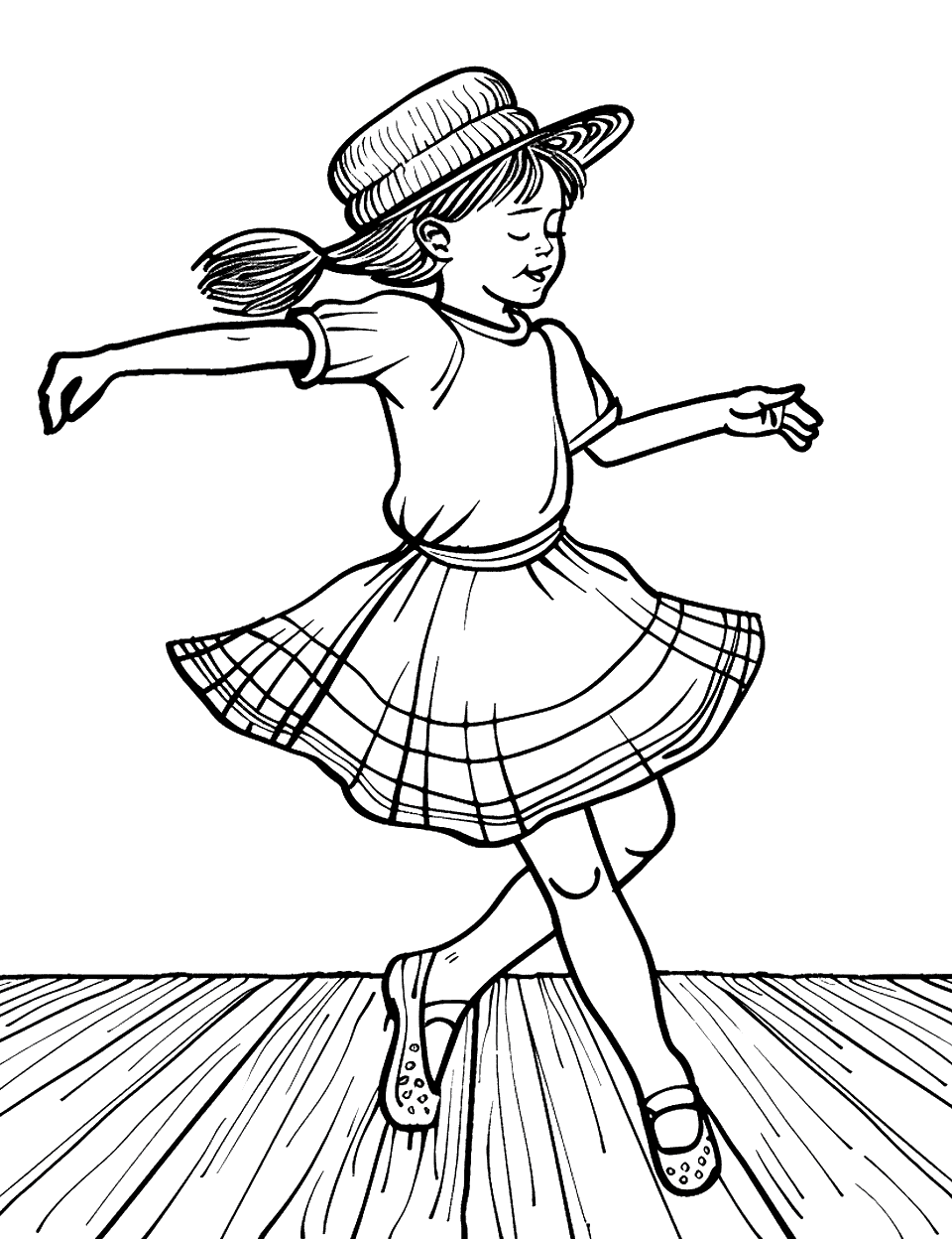 Irish Step Dance Coloring Page - A child in traditional Irish attire performing a step dance on a simple wooden floor.