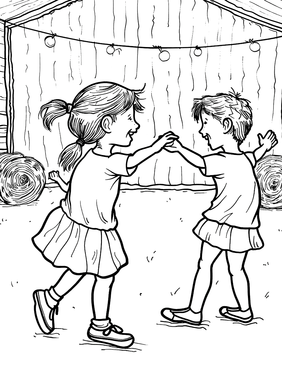 Square Dance in the Barn Coloring Page - Children paired up square dancing in an open barn, with hay bales in the background.