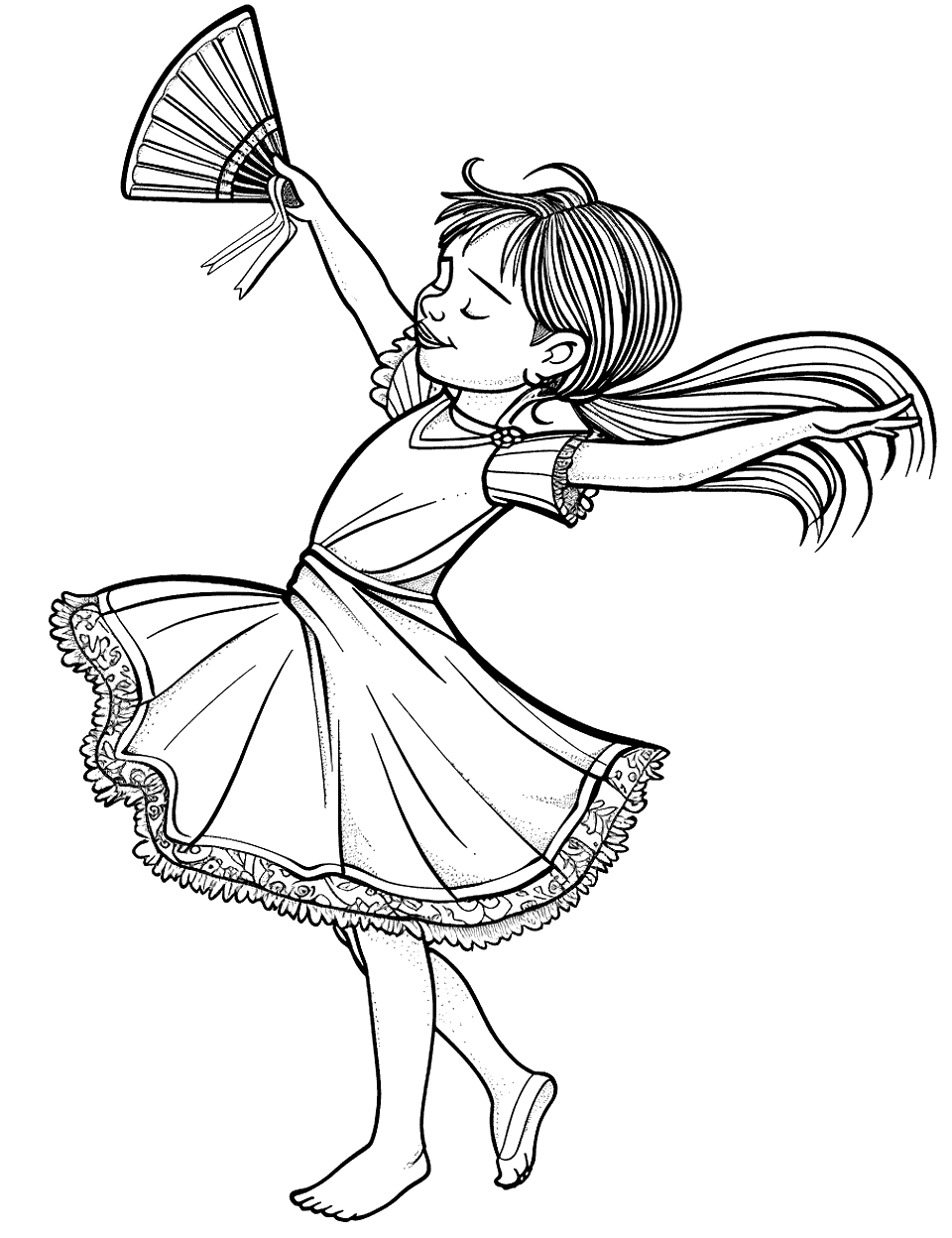 Flamenco Dance Passion Coloring Page - A child in a flamenco costume striking a dramatic pose with a fan in her hand.