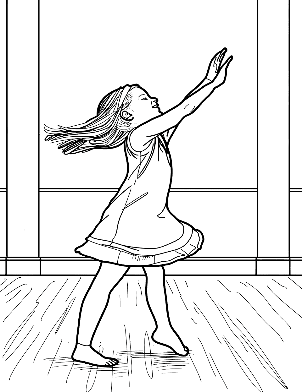 Contemporary Dance Interpretation Coloring Page - A child expresses through contemporary dance in an empty room.