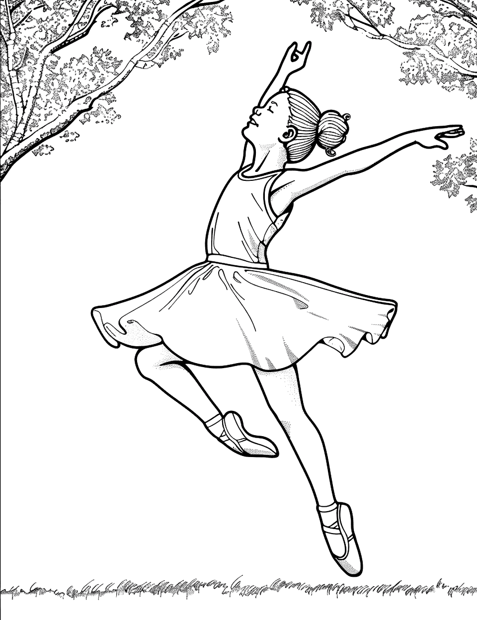 Ballet Leap in the Park Dance Coloring Page - A child ballet dancer making a high leap in a grassy park, with trees in the background.