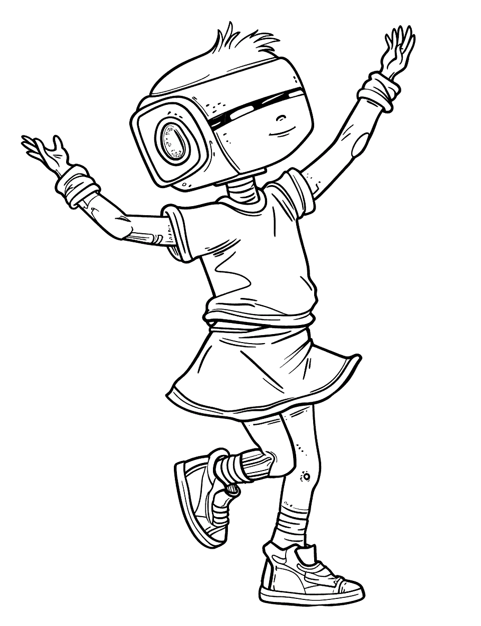 Robot Dance Craze Coloring Page - A child is pretending to be a robot, dancing in a quirky, robotic style at a school talent show.