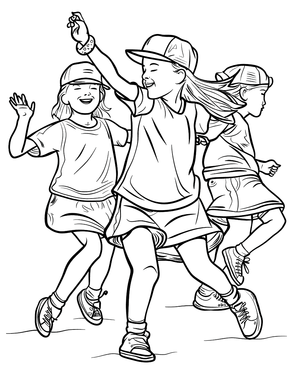 Hip Hop Street Dance Coloring Page - A group of kids performing hip hop dance moves.