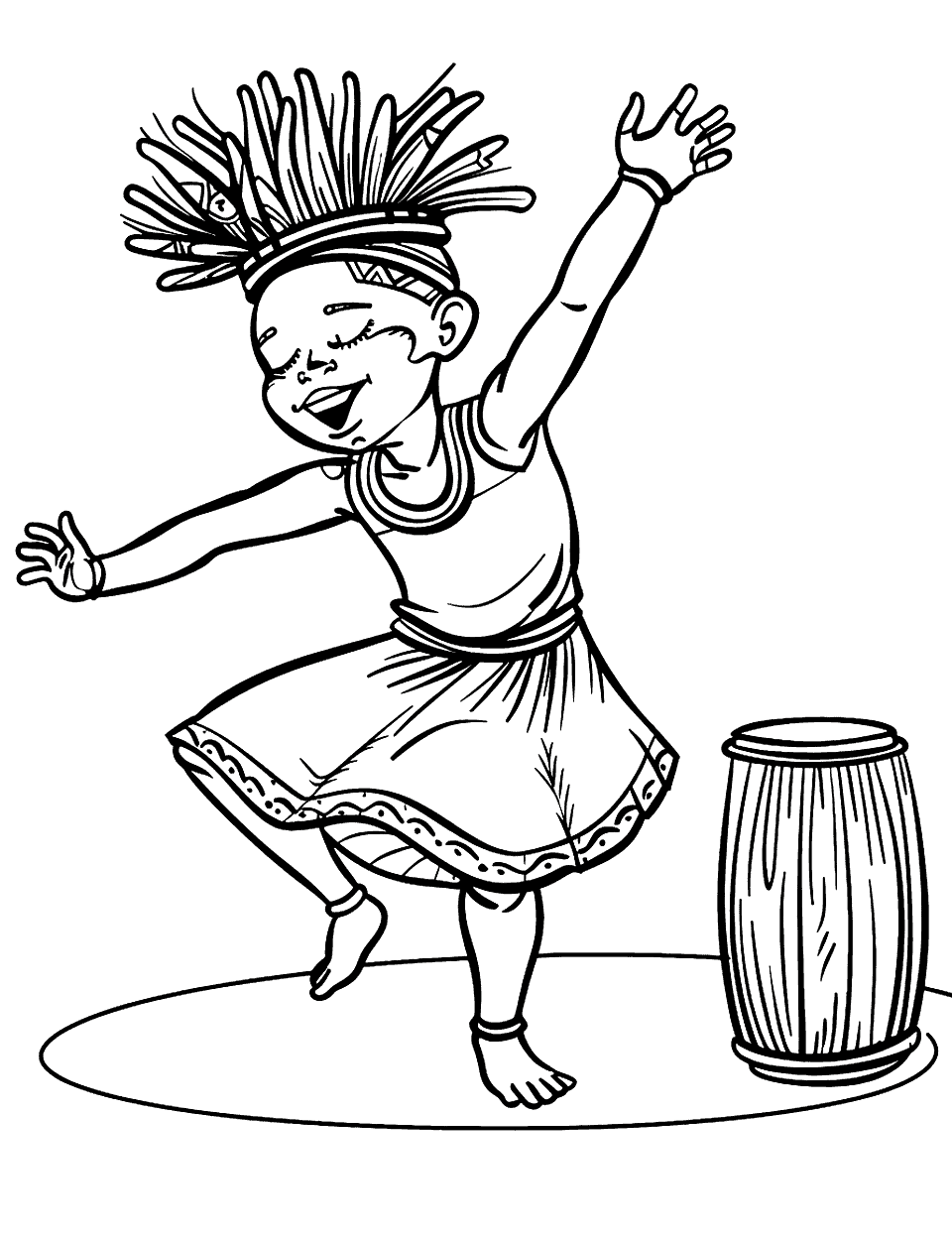 African Dance Ritual Coloring Page - A child performing an African tribal dance with a simple drum nearby.