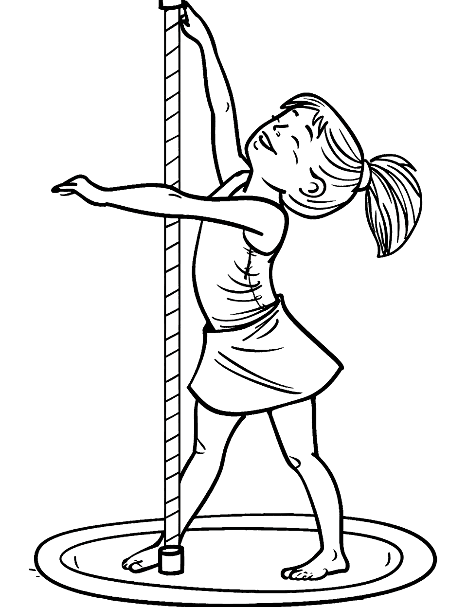 Pole Dance Athletic Show Coloring Page - A child demonstrating pole dance as a form of exercise in a fitness room.