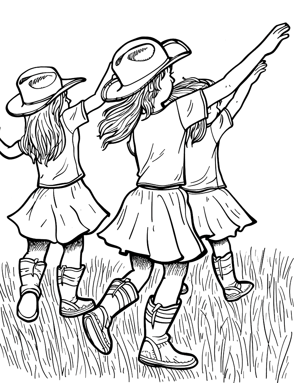 Country Dance Coloring Page - A group of children in cowboy boots and hats doing dance in a simple field.