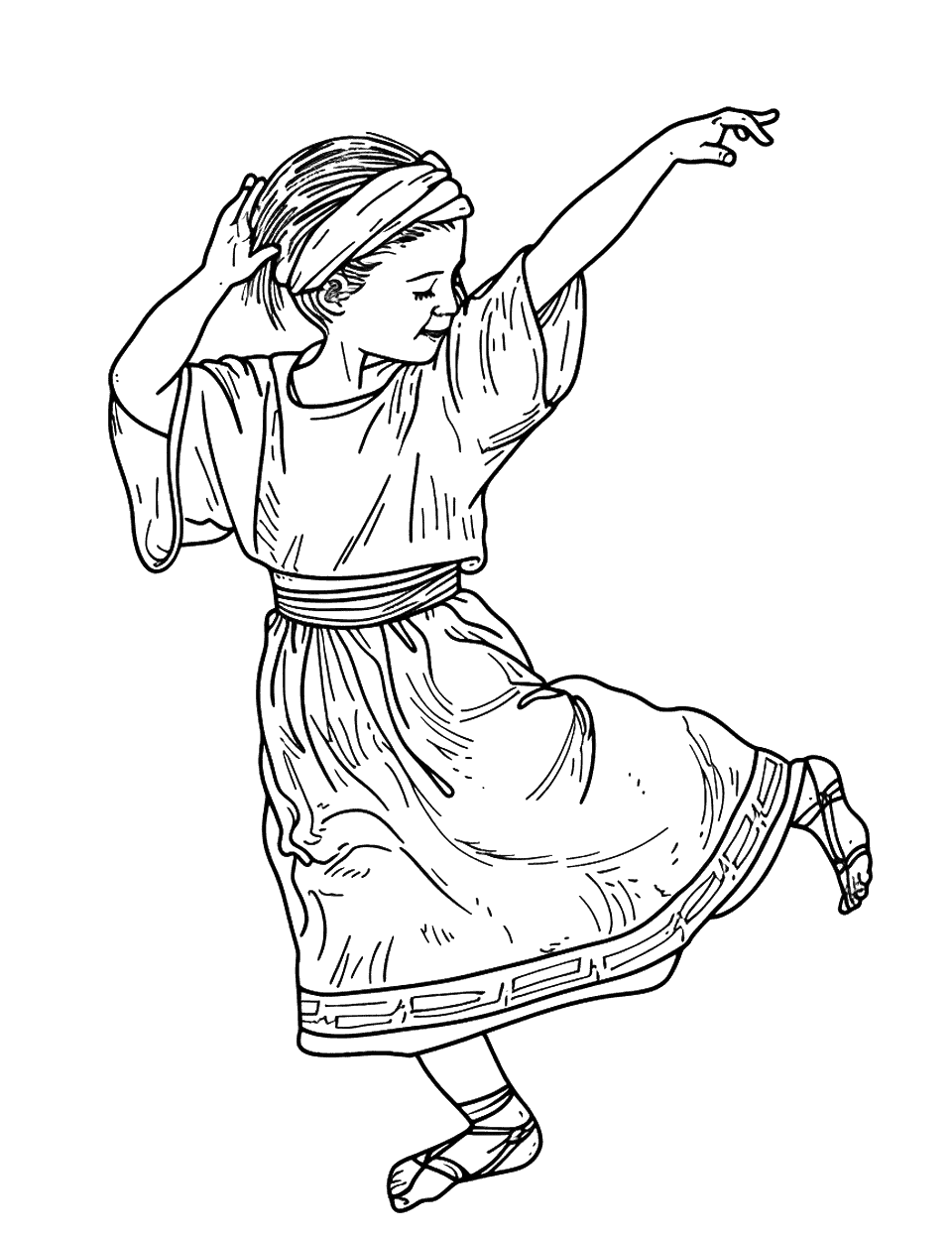 Greek Folk Dance Coloring Page - A child in traditional Greek attire performing a folk dance at a community event.