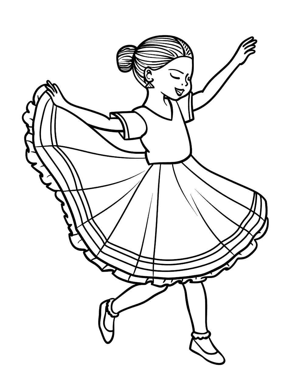 Folklorico Festival Dance Coloring Page - A child wearing a traditional Mexican folkloric dress swirling her skirt at a cultural festival.