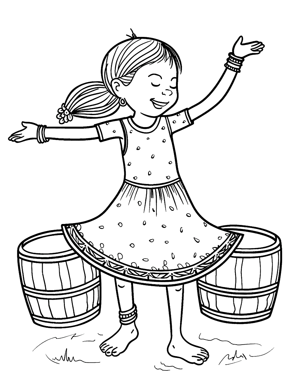 Bhangra Celebration Dance Coloring Page - A child joyfully performing bhangra dance steps at a lively Indian festival, with drums in the background.