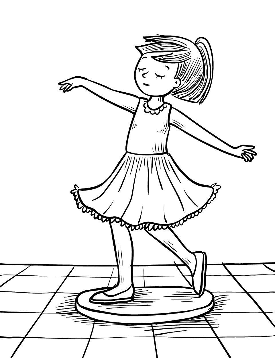 Tap Dance Recital Coloring Page - A young tap dancer clicks her shoes on a simple wooden stage, wearing a shiny tap costume.