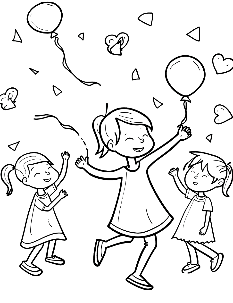 Dance Party Fun Coloring Page - A group of children having fun at a dance party, with balloons and simple decorations around them.