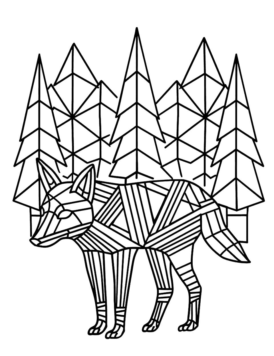 Fox in a Geometric Forest Coloring Page - A fox walking through a forest made of geometric trees and shapes.