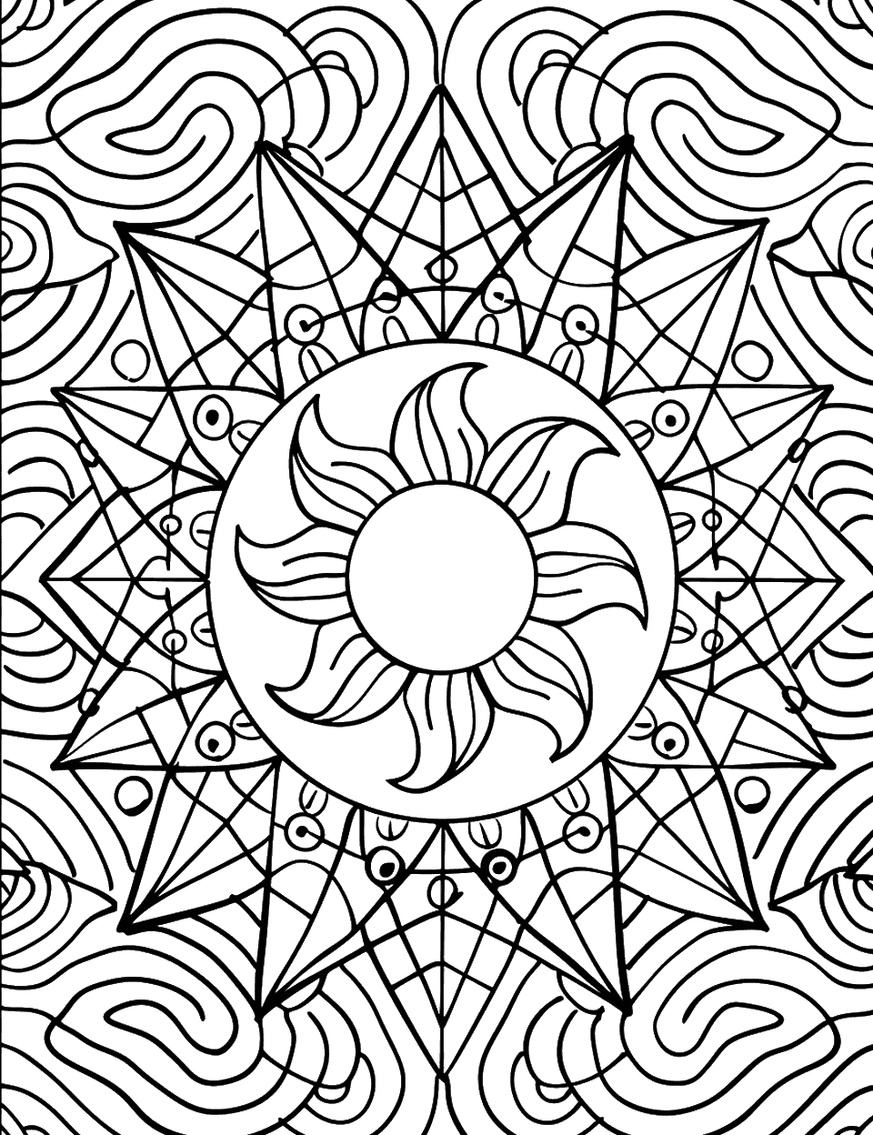 Geometric Sun and Clouds Coloring Page - The sun and clouds depicted with geometric shapes and patterns.