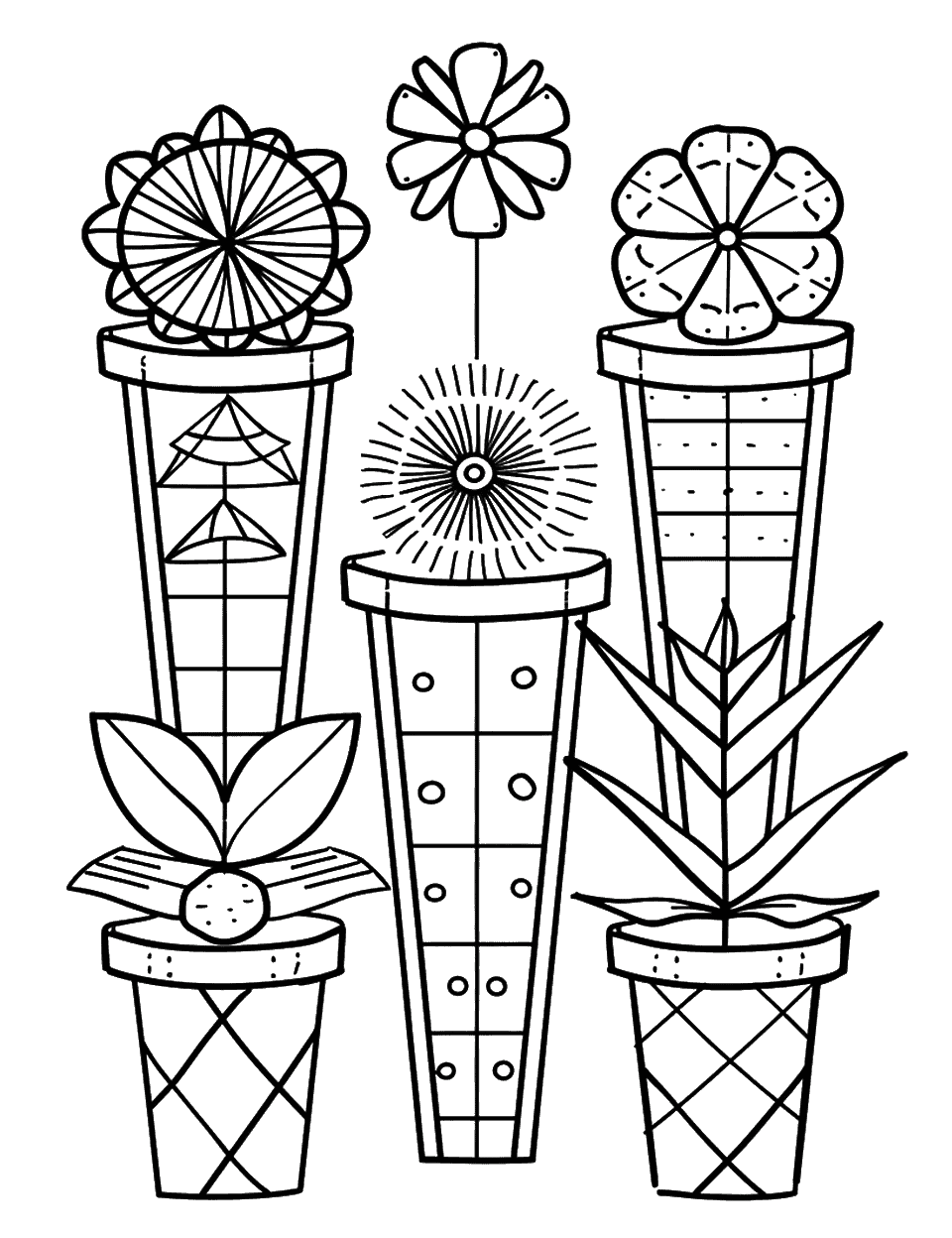 Flower Garden Geometric Coloring Page - A garden filled with geometric flowers and leaves.