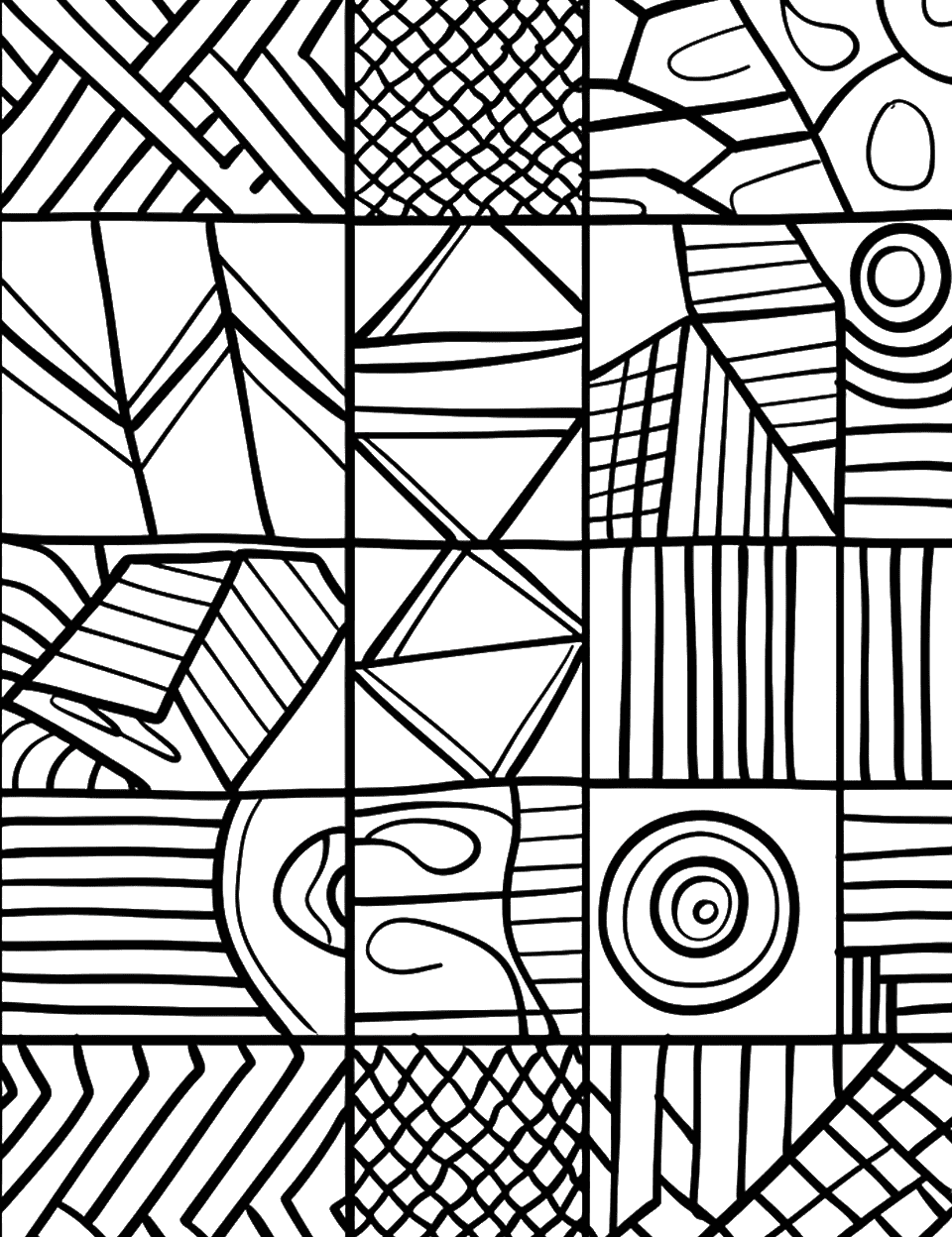 Geometric Shapes Collage Coloring Page - A page filled with various geometric shapes arranged artistically.