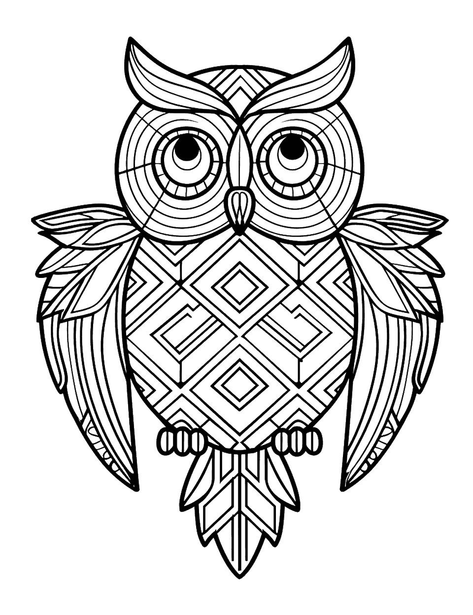 Owl with Mandala Feathers Geometric Coloring Page - An owl with feathers detailed with mandala patterns.