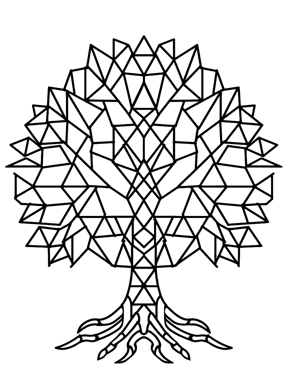 Geometric Tree of Life Coloring Page - A tree with branches and roots made of geometric shapes.