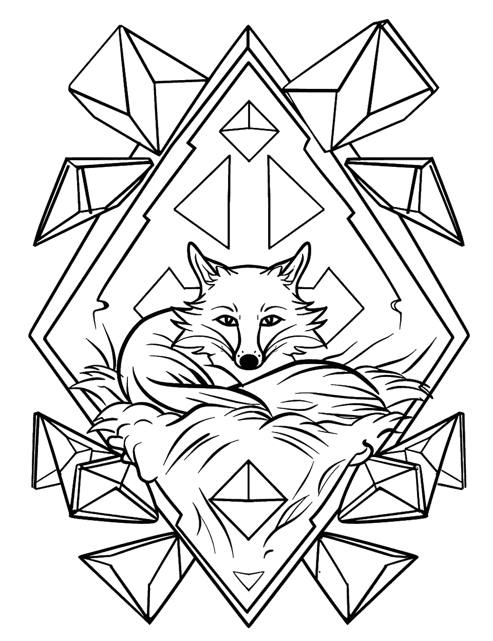 Fox in a Geometric Den Coloring Page - A fox resting in a den created with geometric shapes.