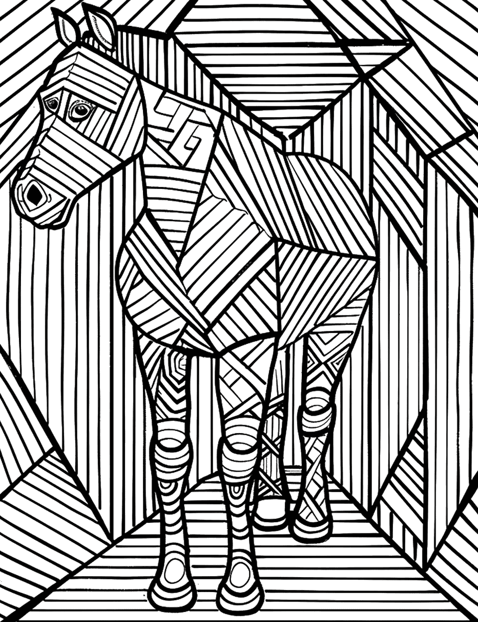 Horse in a Geometric Stable Coloring Page - A horse standing in a stable made of geometric patterns.