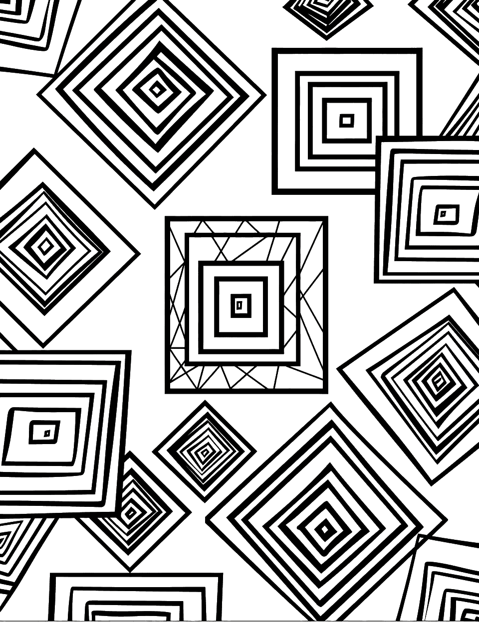 Optical Illusion Squares Geometric Coloring Page - Squares are arranged to create an optical illusion of depth and movement.