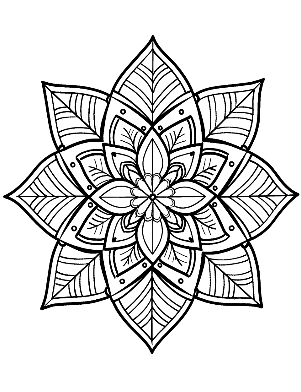 Mandala Flower Geometric Coloring Page - A detailed geometric flower with intricate mandala patterns.