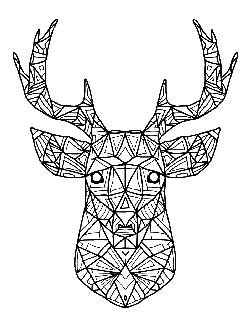 Deer with Geometric Antlers Coloring Page - A deer head made of intricate geometric patterns.