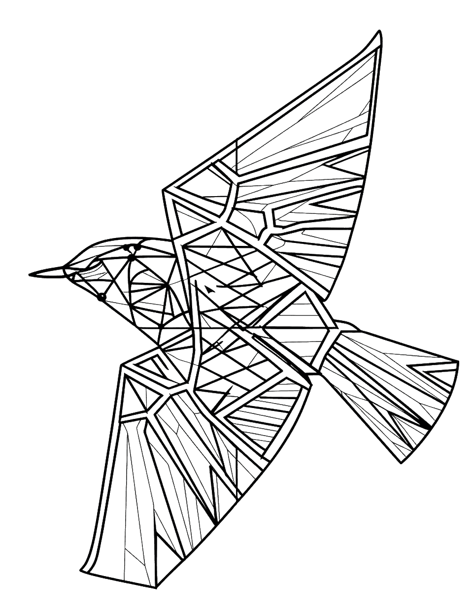 Geometric Bird in Flight Coloring Page - A bird flying with wings detailed in geometric shapes.