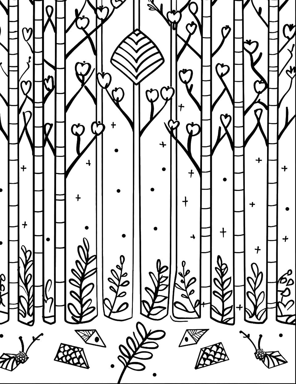 Geometric Forest Scene Coloring Page - A forest with trees, plants all made of geometric shapes.