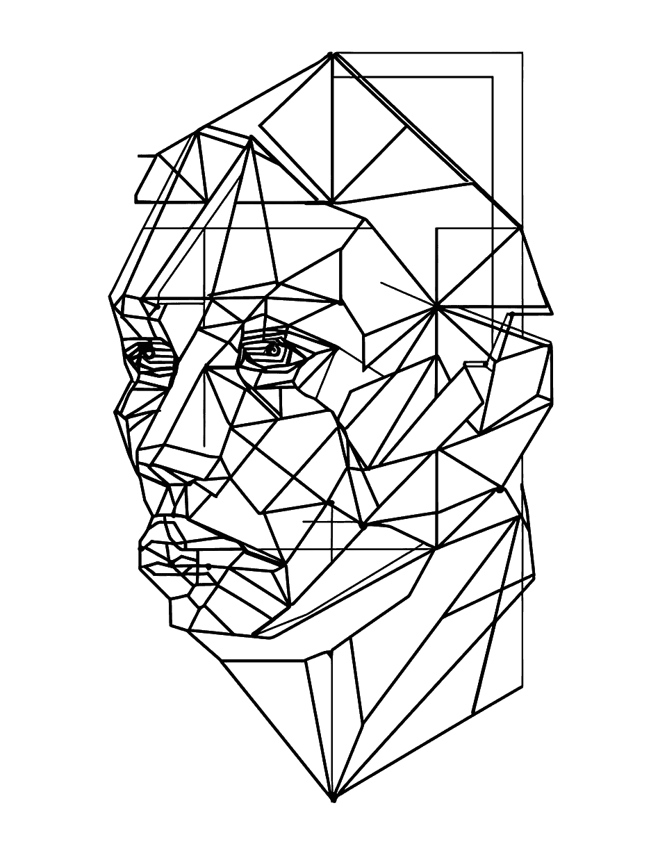 Abstract Geometric Portrait Coloring Page - A portrait of a face made entirely of geometric shapes.