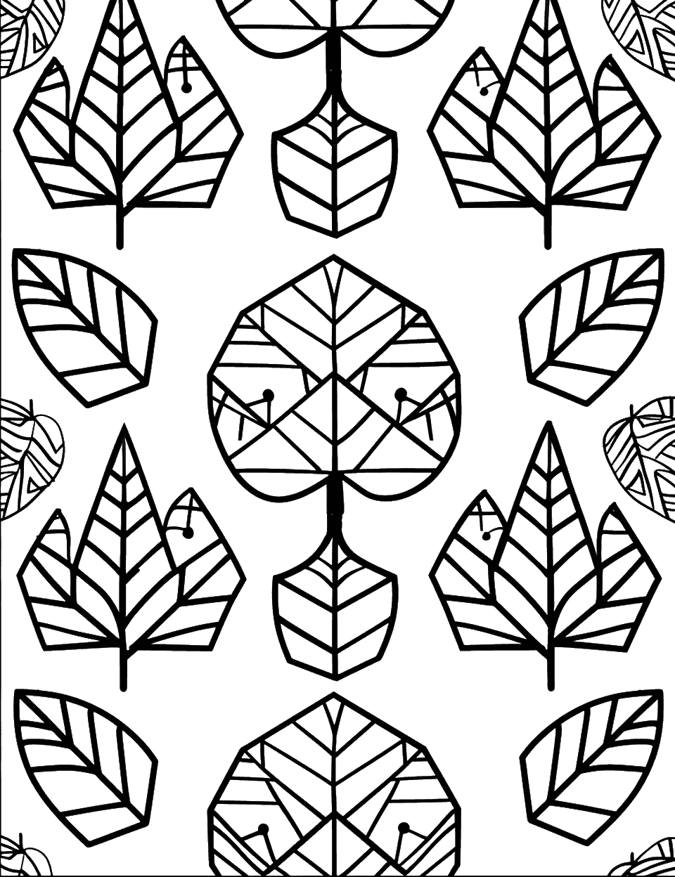 Geometric Patterns in Nature Coloring Page - Natural elements like leaves and flowers are depicted with geometric patterns.