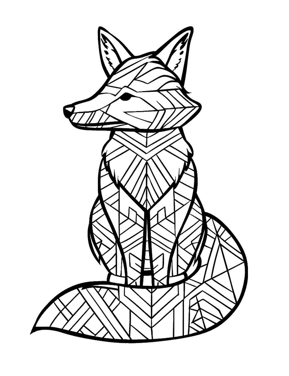 Fox with Geometric Tail Coloring Page - A fox with a tail detailed in geometric shapes and patterns.