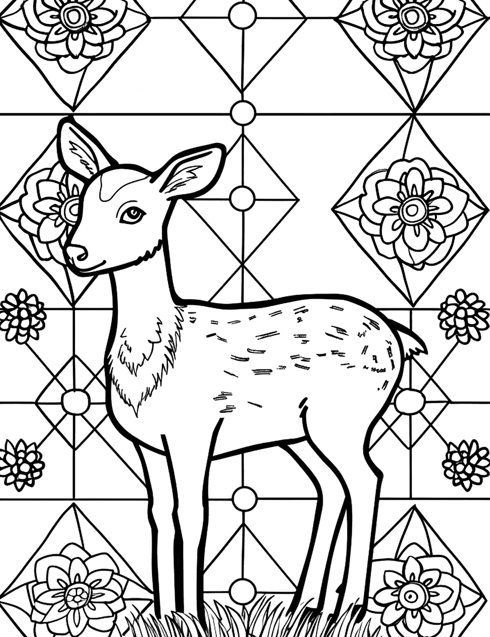 Deer in a Geometric Meadow Coloring Page - A deer standing in a meadow filled with geometric flowers and grass.