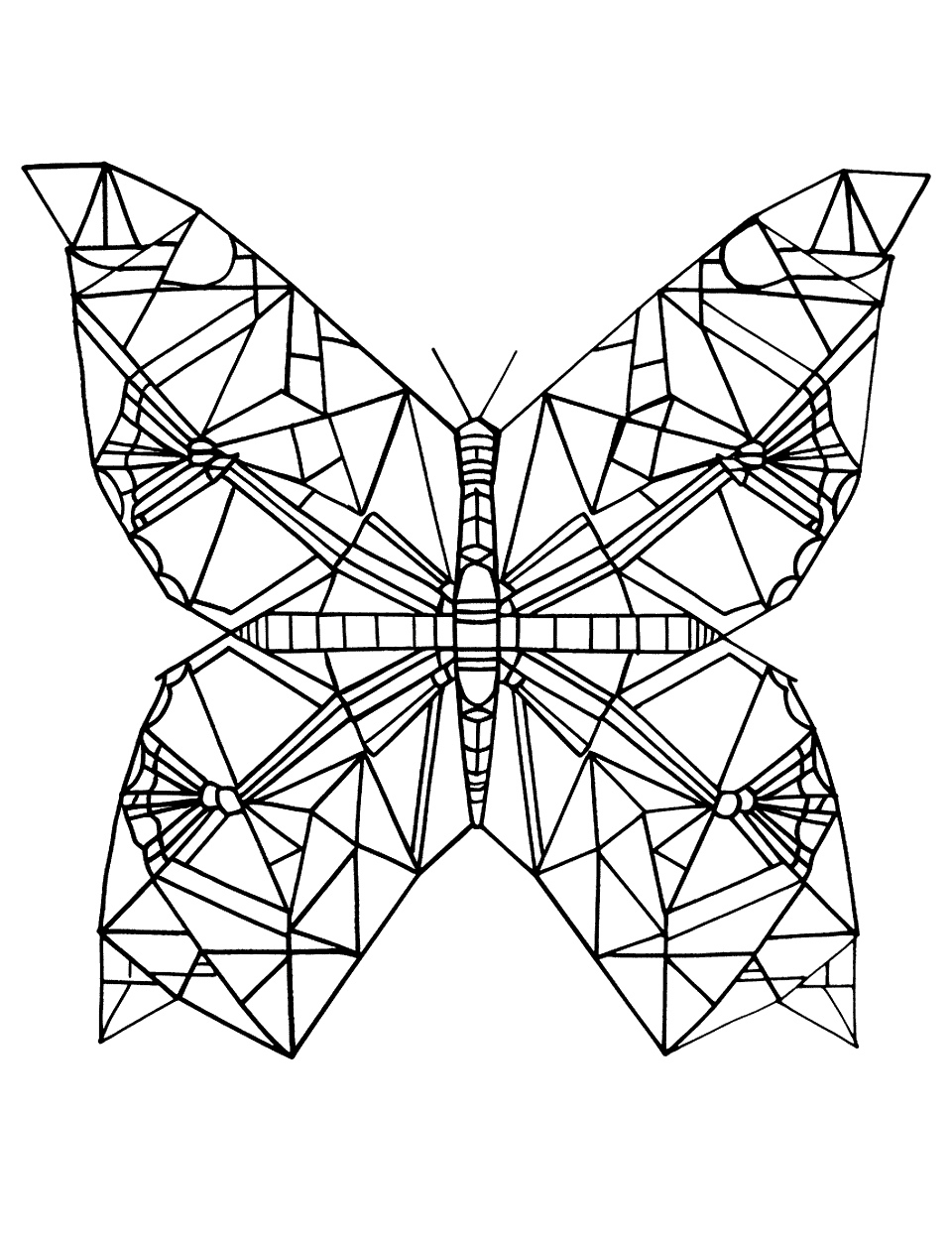 Geometric Butterfly Coloring Page - A butterfly with wings made of intricate geometric shapes.